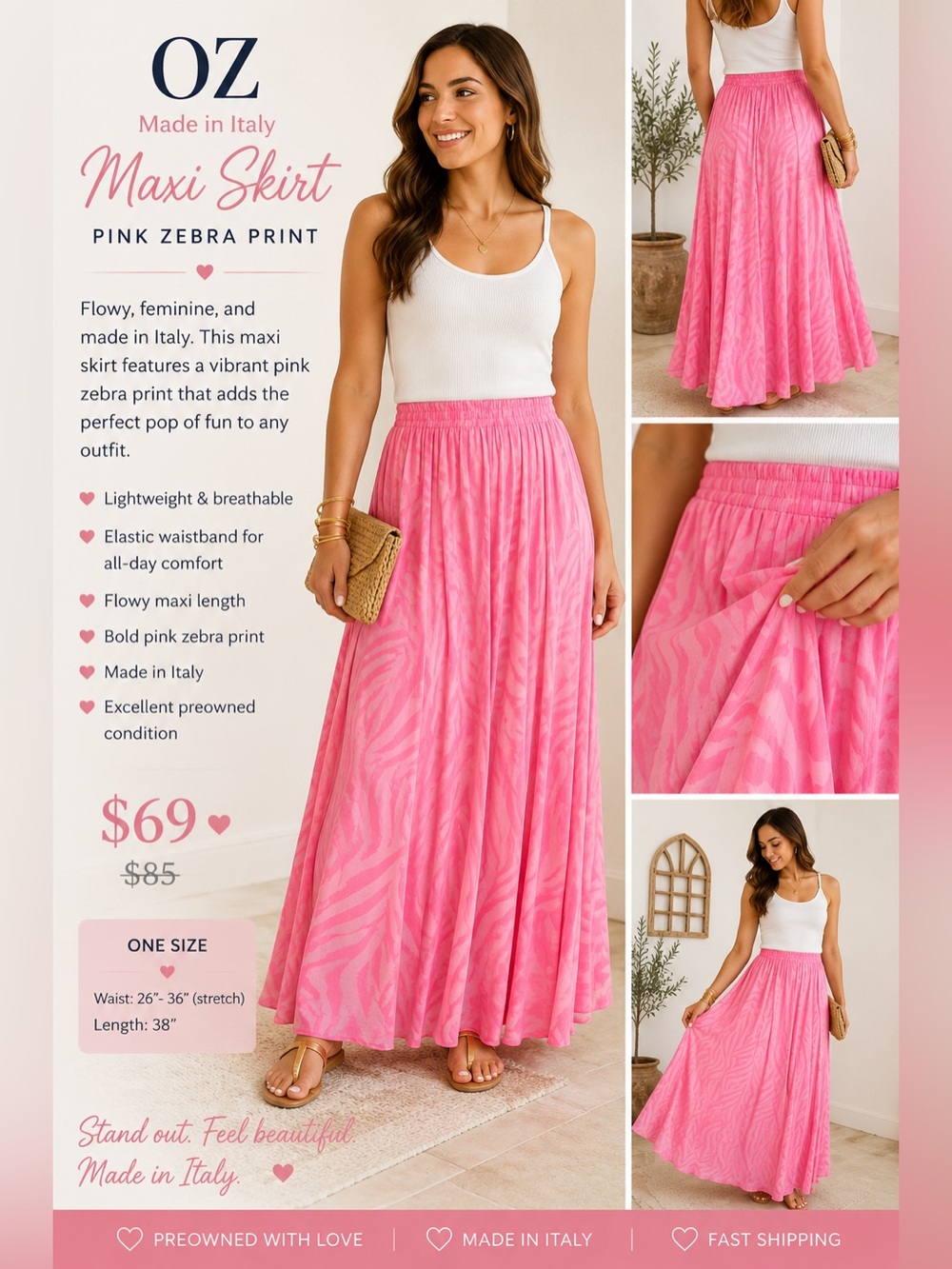 OZ made in Italy Maxi Skirt OS Pink Zebra Print